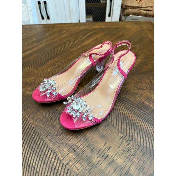 Allegra K 9 hot pink Clear slingback flower rhinestone peep toe heel sandals New - Picture 7 of 7